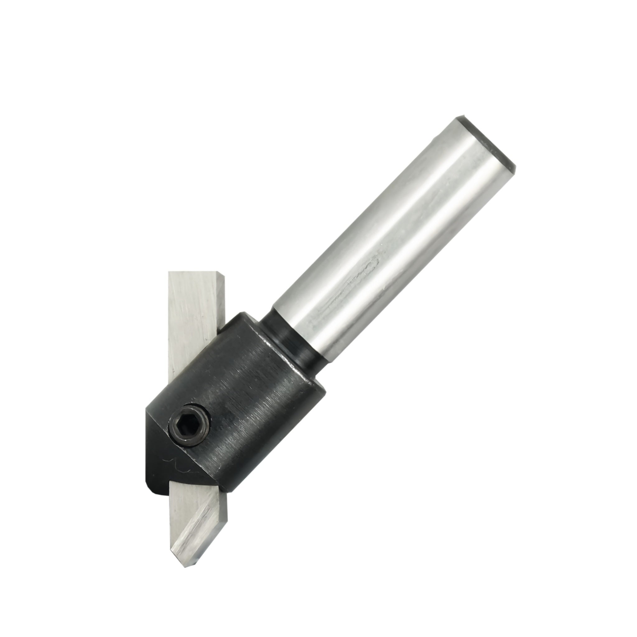 A metal rotary burr tool with a silver cylindrical shank and a black angled head, shown on a plain white background.