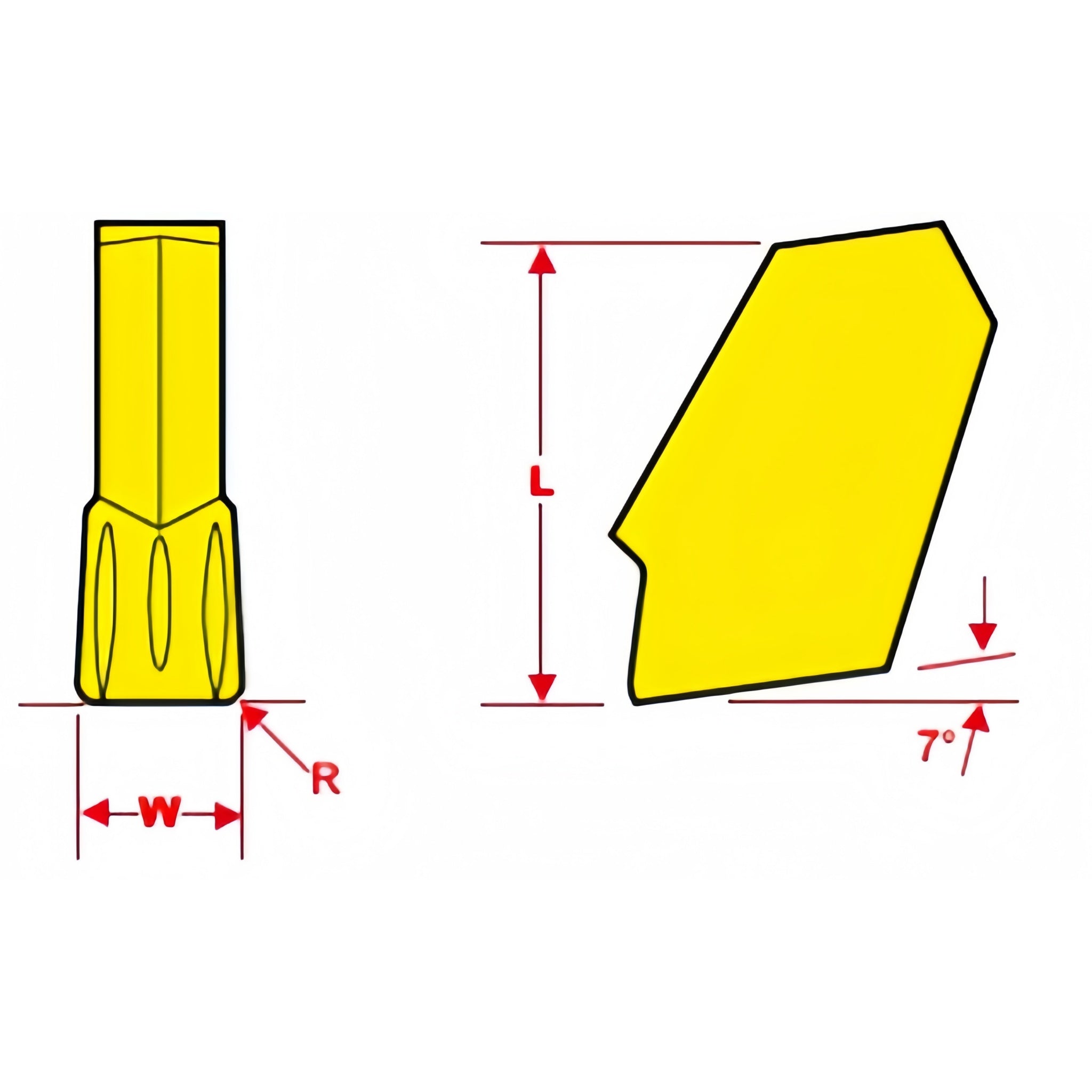 Technical dimension diagram of a yellow metal tool bit or cutting head, showing front and side views with labeled dimensions L, W, R, and a 7-degree angle on a white background.
