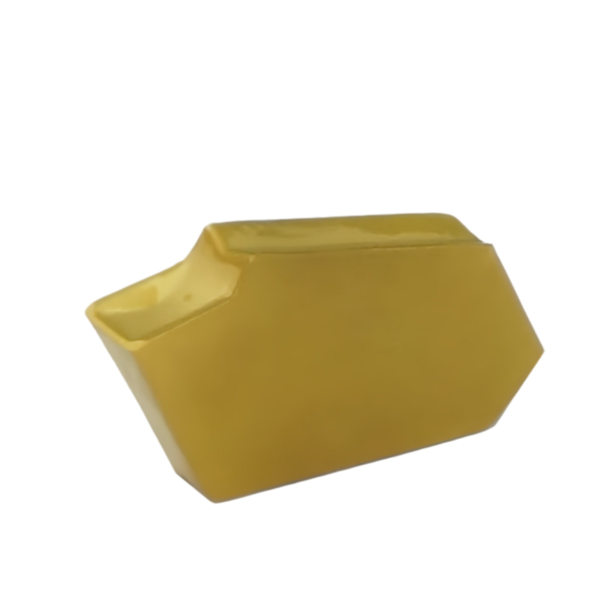 A gold carbide insert for lathe tool in a gold three-prong setting, centered on a solid white background with a soft reflection below.