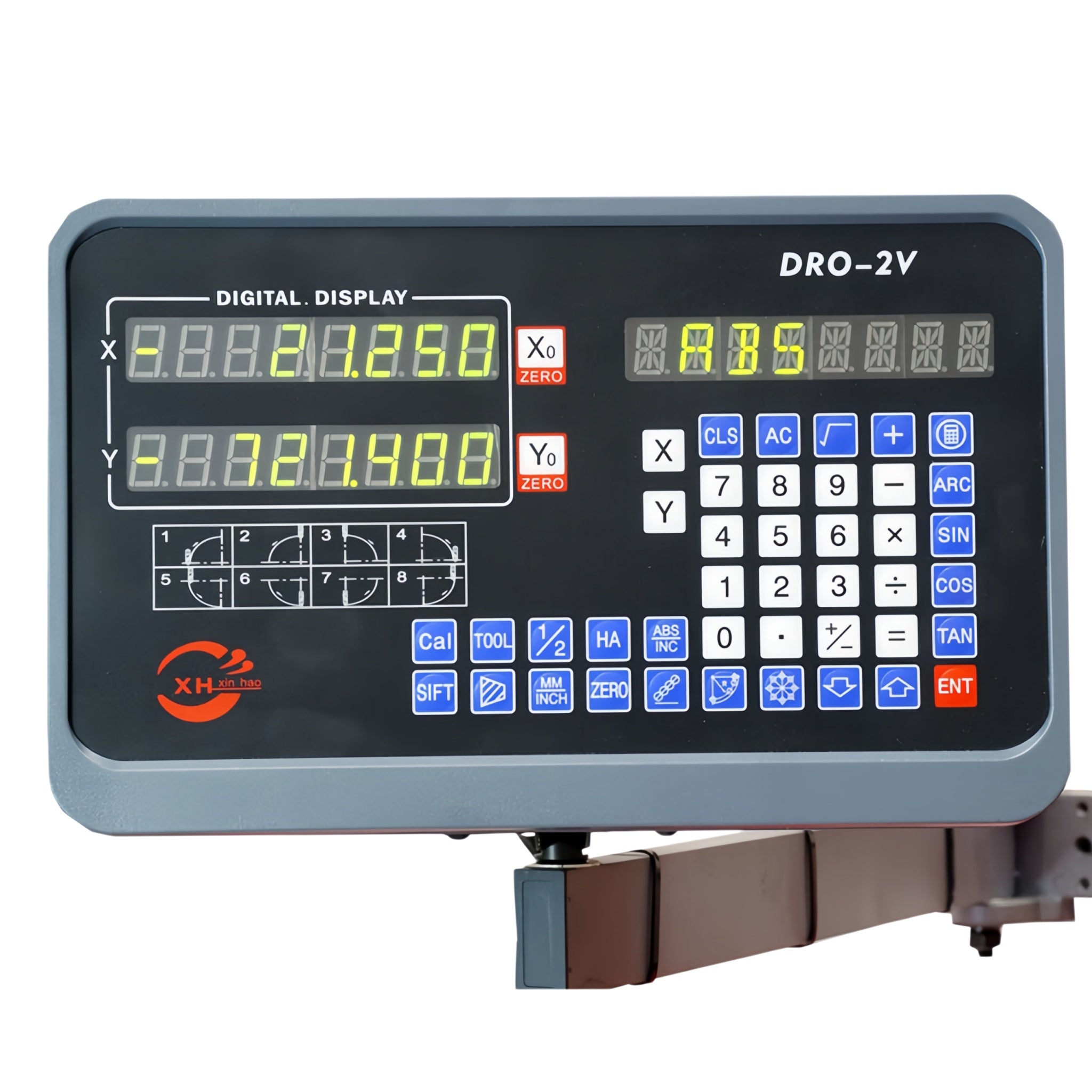A digital display scale controller labeled DRO-2V, featuring a gray housing, a black faceplate with yellow LED readouts, a blue and white keypad, and an XH logo, shown on a white background.