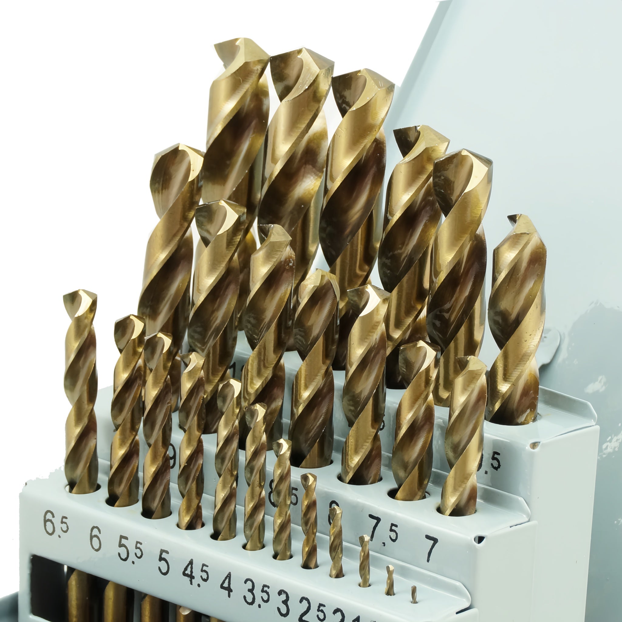 A set of gold-colored HSS-Co cobalt steel alloy drill bits in various sizes, displayed in a white holder with numbers indicating the size of each bit.