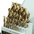 A set of gold-colored HSS-Co cobalt steel alloy drill bits in various sizes, displayed in a white holder with numbers indicating the size of each bit.