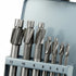A set of metal counterbore in different sizes, numbered 12, 10, 8, 6, 5, 4, and 3, displayed in a light blue holder against a pale blue background.