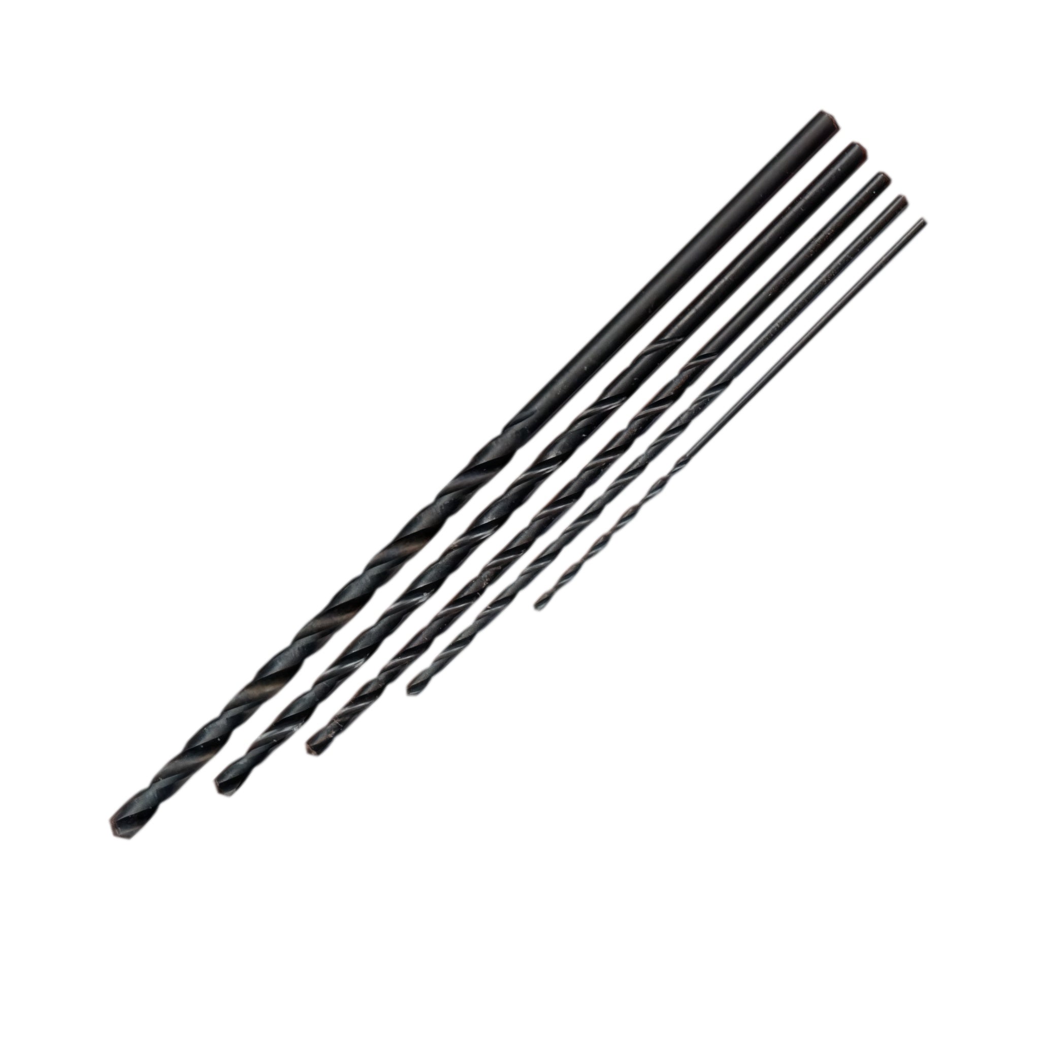 Five black metal drill bits of varying sizes arranged diagonally on a plain white background.
