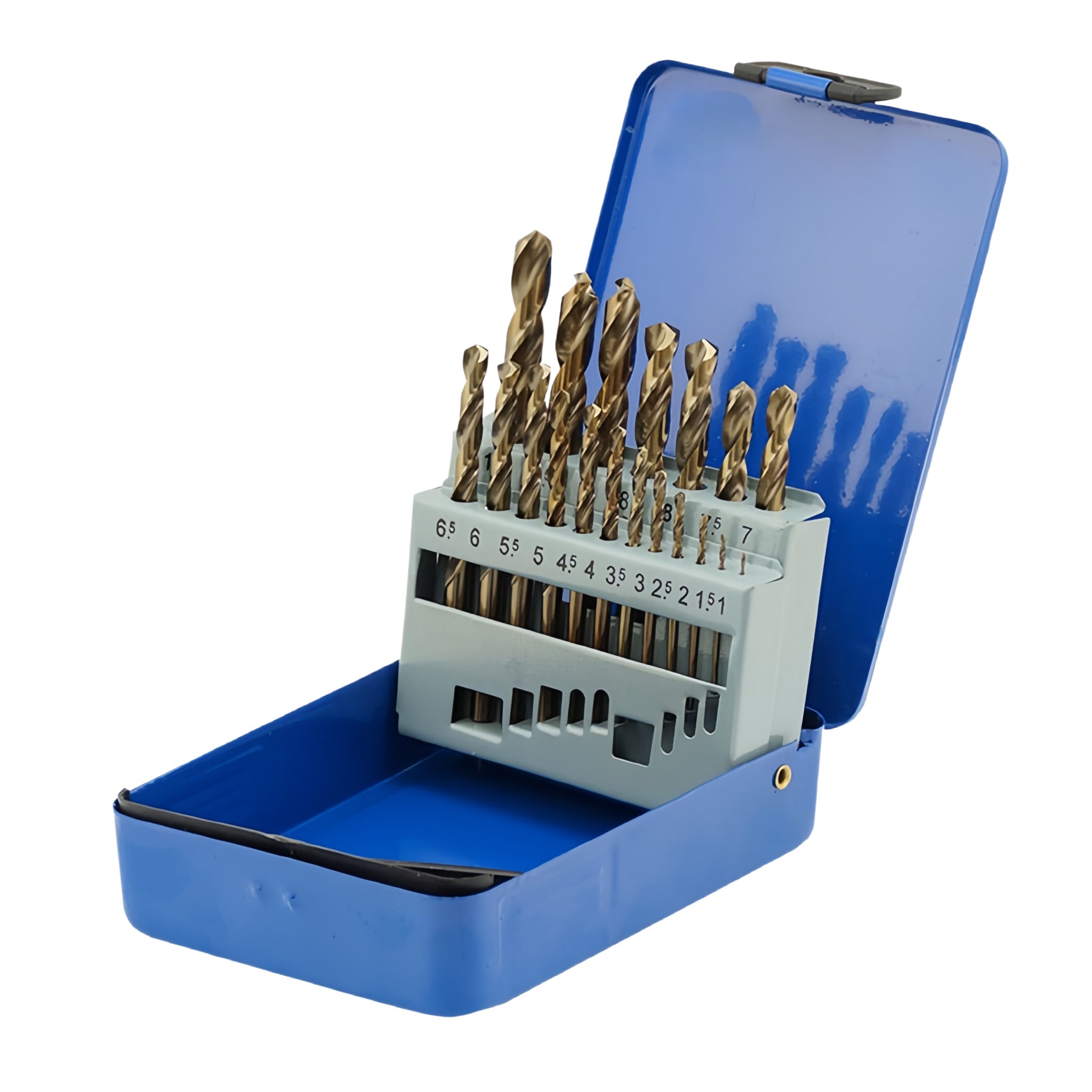 A set of 19 drill bits in a size chart holder, displayed inside an open blue plastic storage case on a white background.