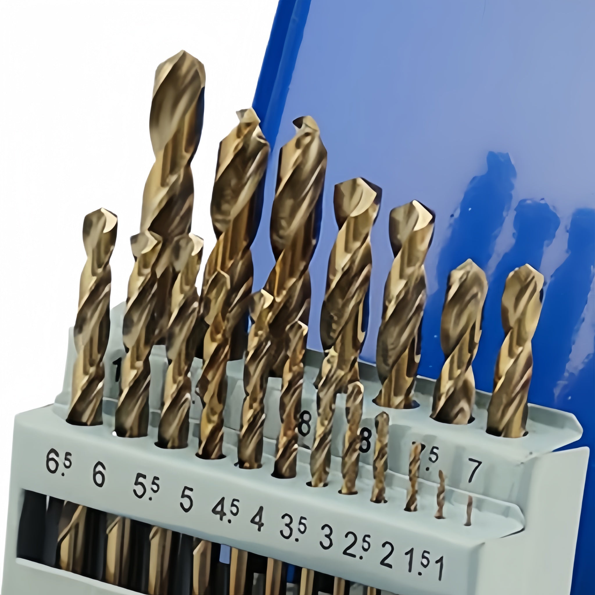 A set of metallic drill bits in various sizes displayed in a white plastic holder with size markings, photographed against a blue and white background.