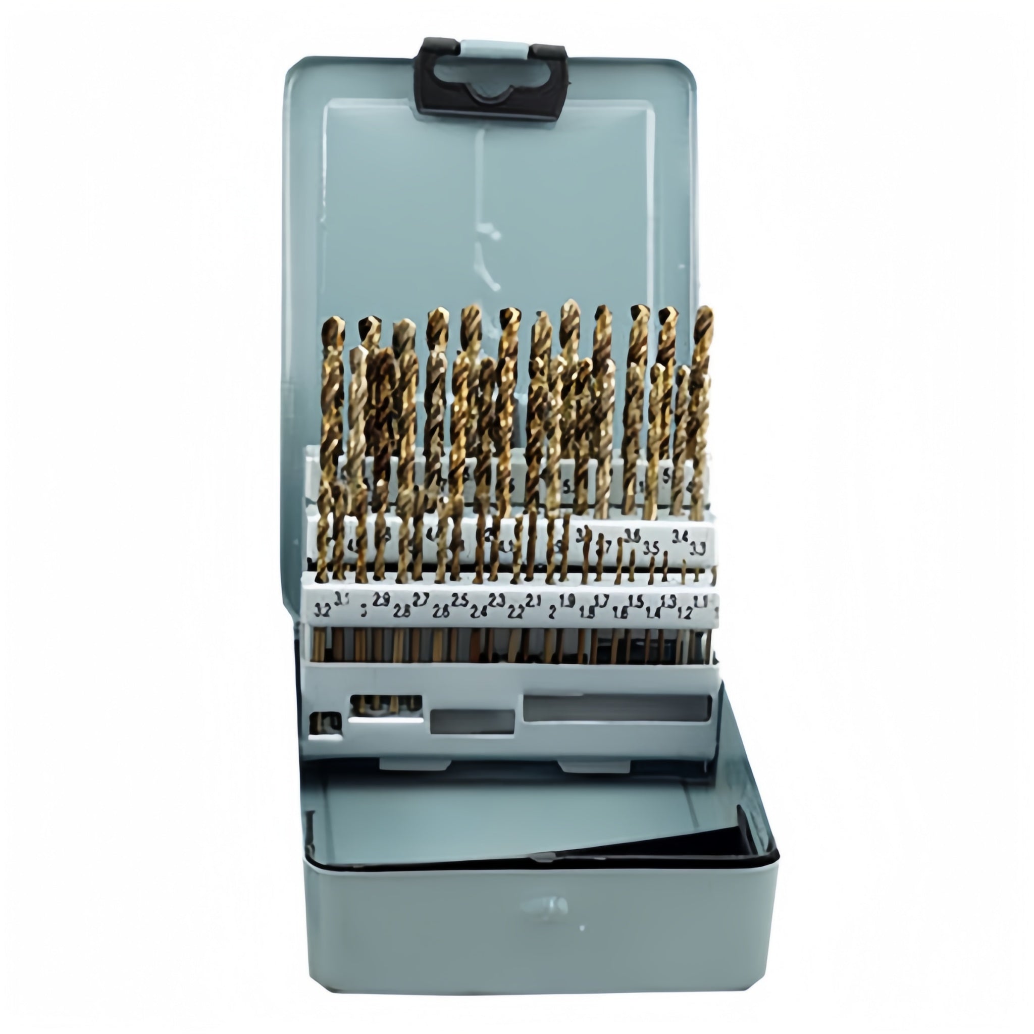 A set of HSS TiN step drills in various sizes, displayed in an open metal case.