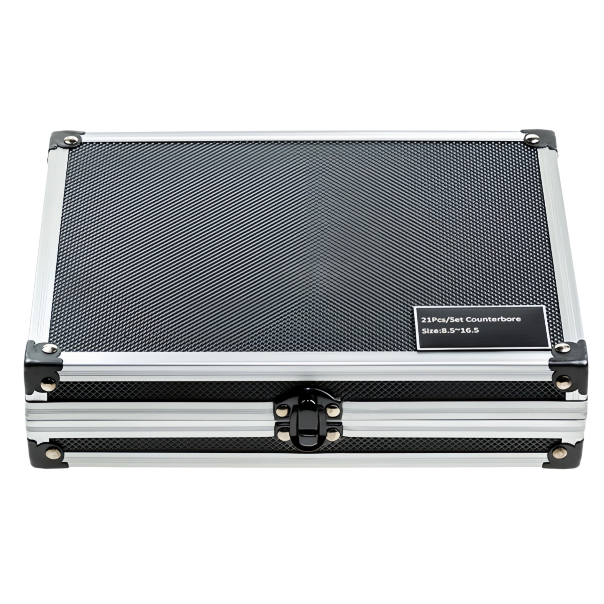 A rectangular hard case with a black textured top panel, silver metal edges, corner protectors, and a front clasp closure. A small label on the top reads '21Pa/Set Counterweights Size 8.