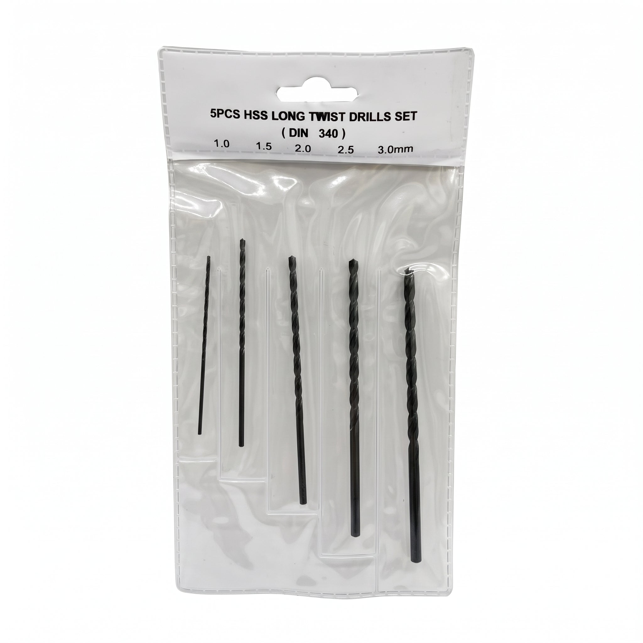 A 5-piece HSS long twist drill set in clear plastic packaging, showing the five black metal drill bits of varying sizes labeled 1.0, 1.