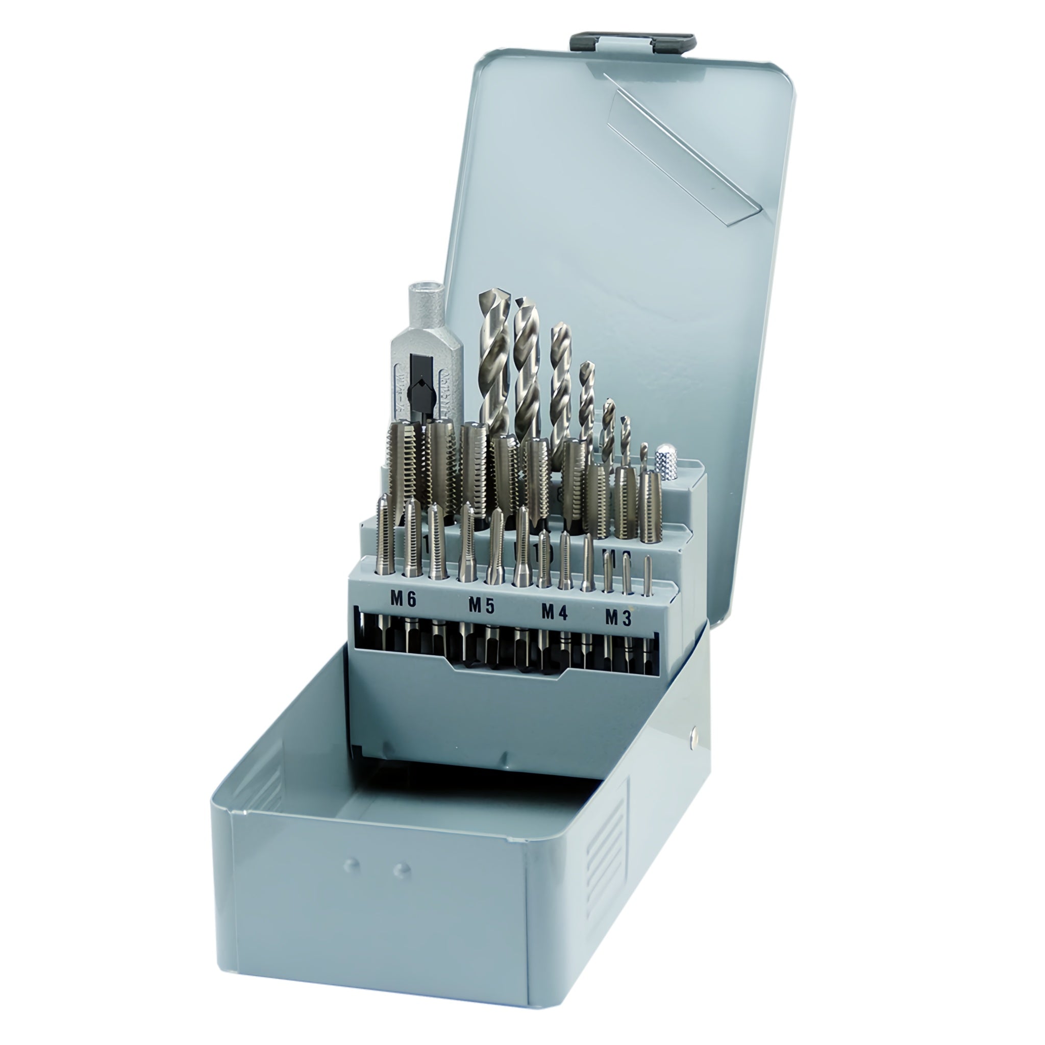 A metal tap and drill bit set in a light gray plastic storage case, shown open on a plain white background.