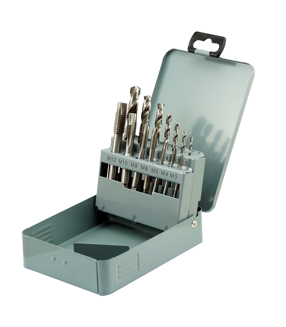 Set of drill bits in a clear plastic case on a white background