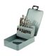 Set of drill bits in a clear plastic case on a white background