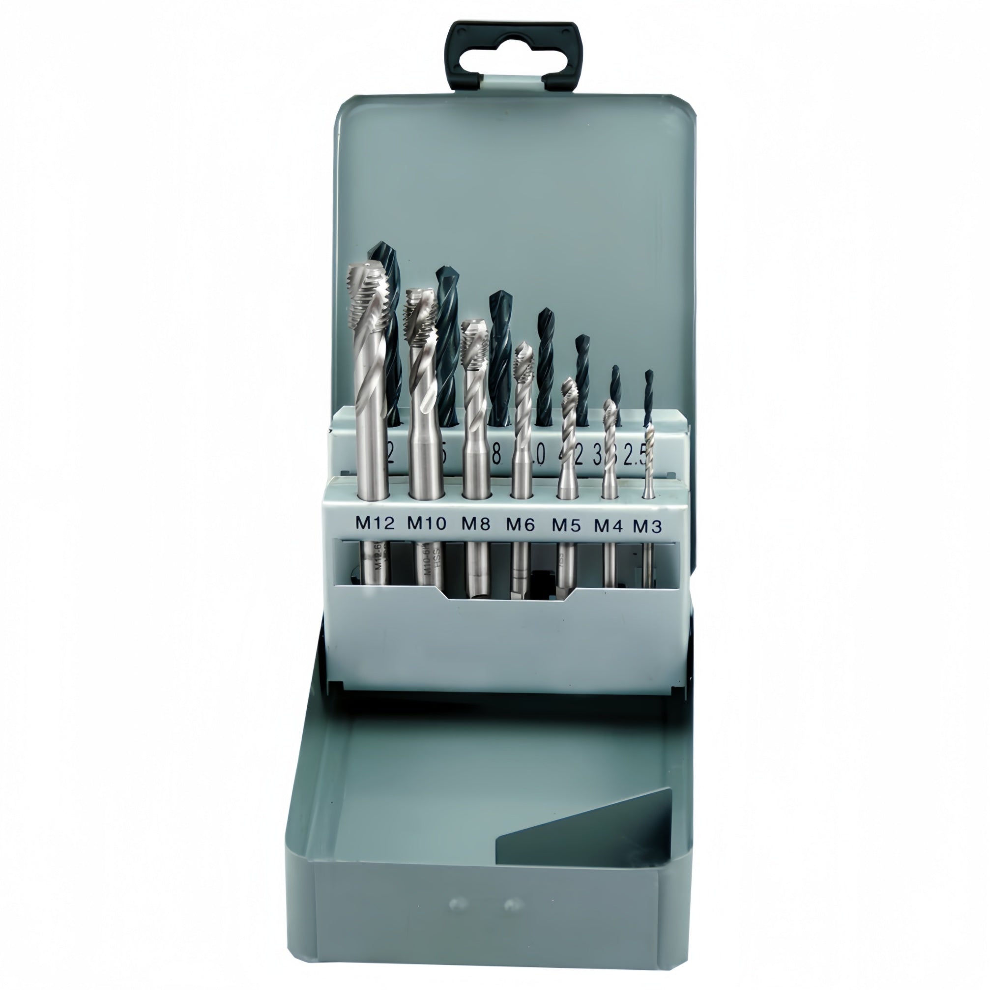 Set of drill bits and tap in a gray case on a white background