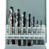 Set of drill bits in a holder with size markings on a gray background