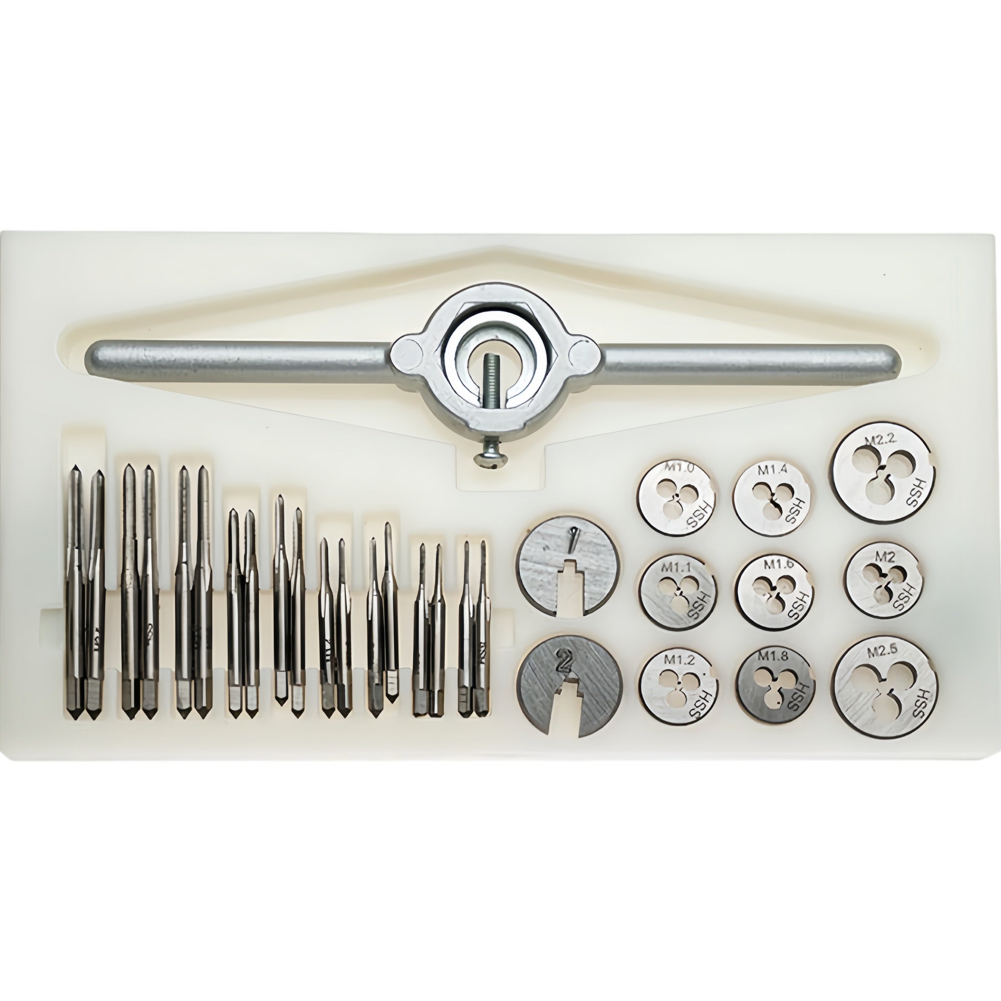 A metal threading tool set arranged on a white plastic tray, including a large tap handle, multiple drill bits, and several threaded inserts. The tools are metallic silver and black, photographed against a clean white background.