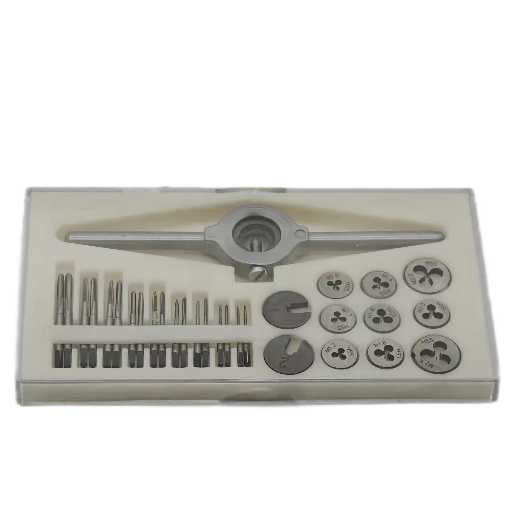 A metal tap and die set presented in a clear plastic case, featuring a large tap handle, multiple drill bits, and several circular dies of different sizes, photographed on a white background.