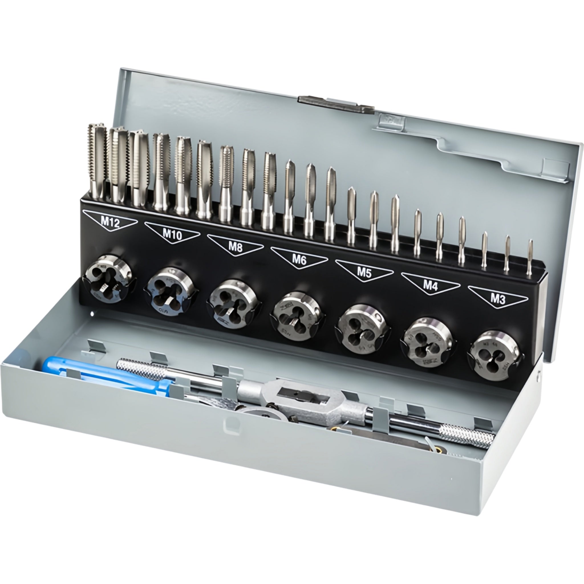 A metal threading tool set displayed in an open gray case, featuring a black rack with threaded bits labeled M12, M10, M8, M6, M5, M4, and M3, plus a blue-handled wrench and other hand tools inside.