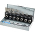 A metal threading tool set displayed in an open gray case, featuring a black rack with threaded bits labeled M12, M10, M8, M6, M5, M4, and M3, plus a blue-handled wrench and other hand tools inside.