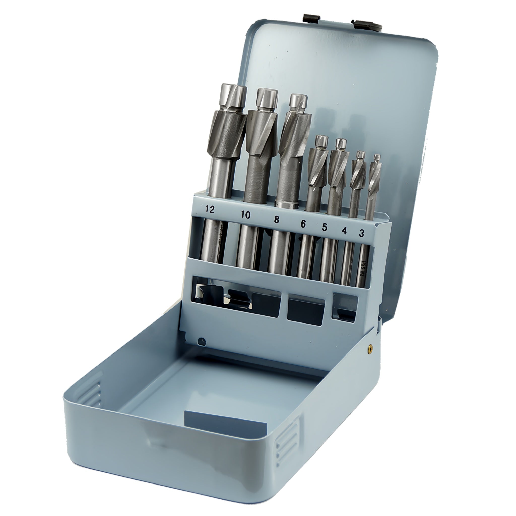 Set of counterbore in a metal case on a white background