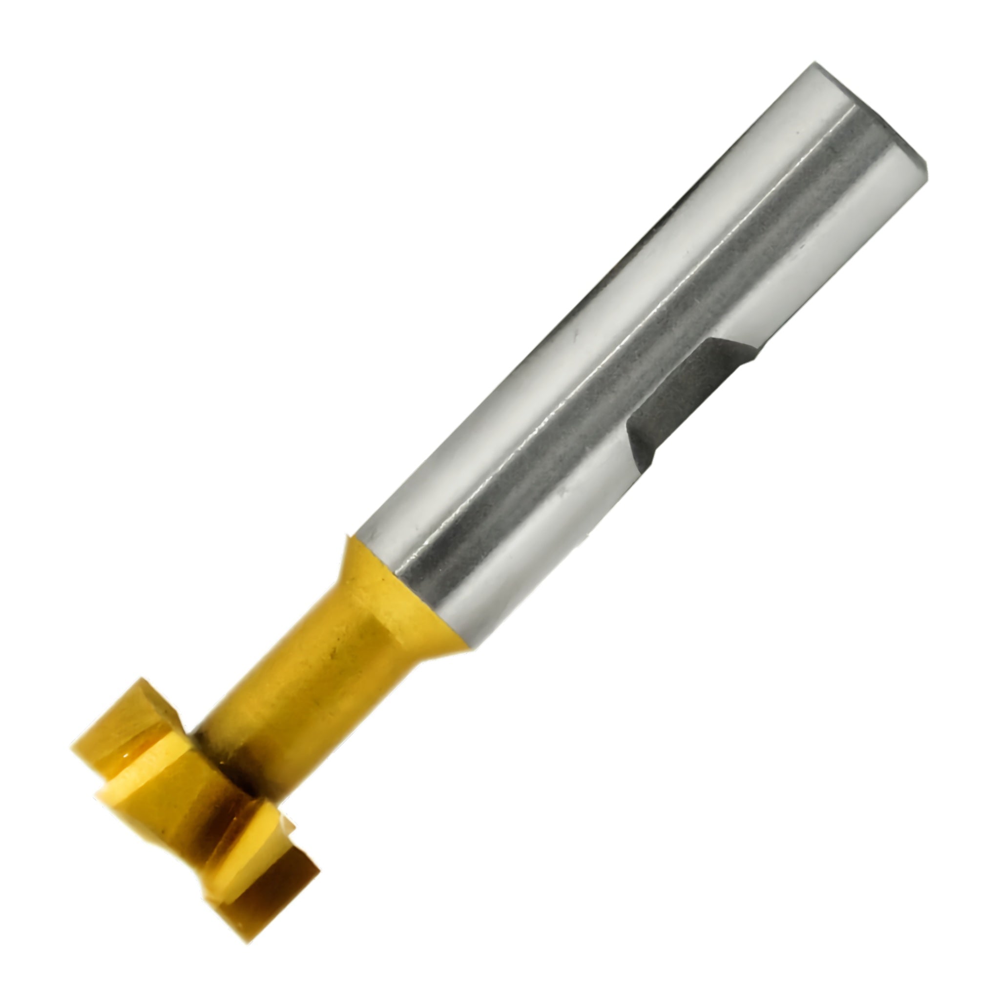 A silver-colored T-slot cutter with a gold-colored shank.