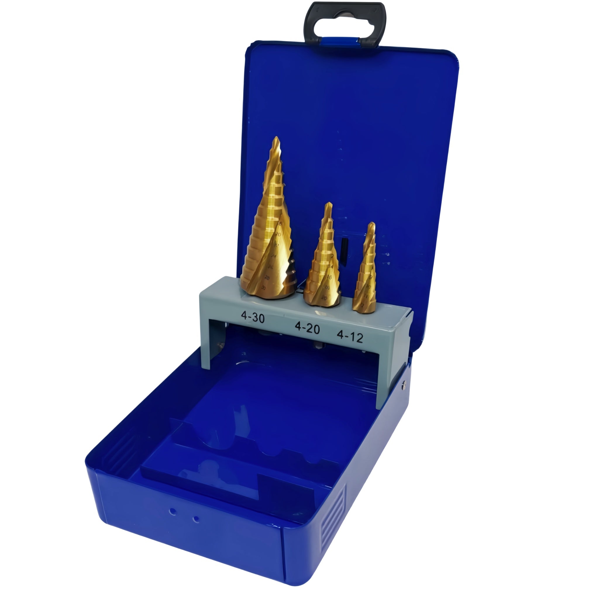 Set of gold drill bits in a blue carrying case on a white background