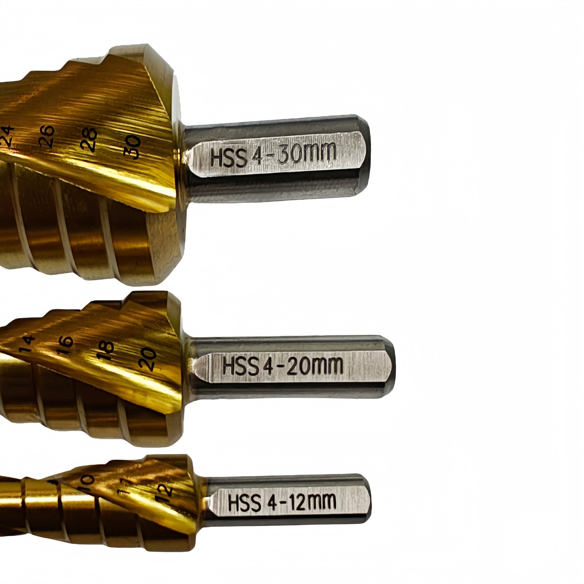 Set of three drill bits with gold and silver design on a white background