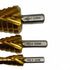 Set of three drill bits with gold and silver design on a white background