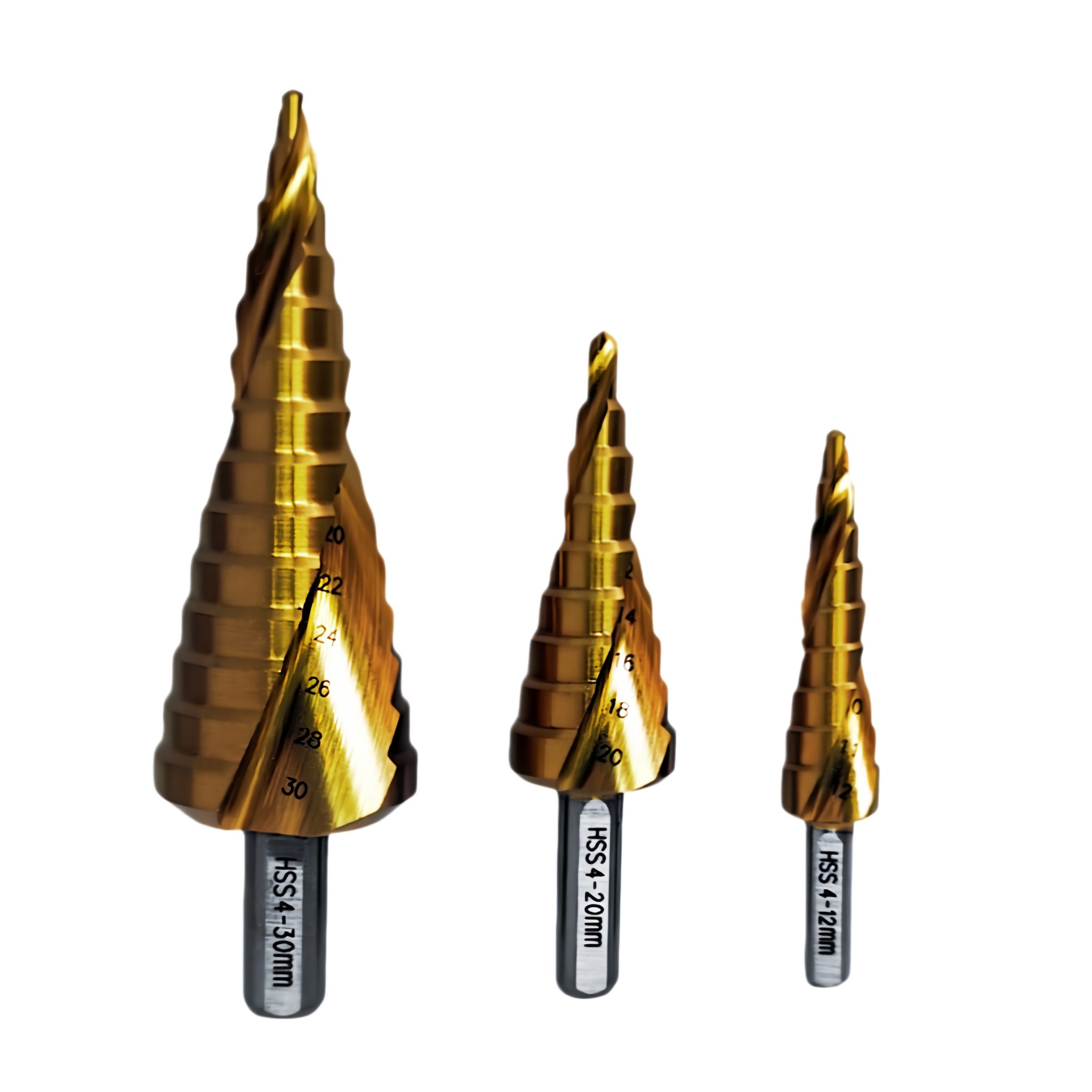 Three gold-colored step drill bits of different sizes with silver metal shanks, displayed against a solid white background.