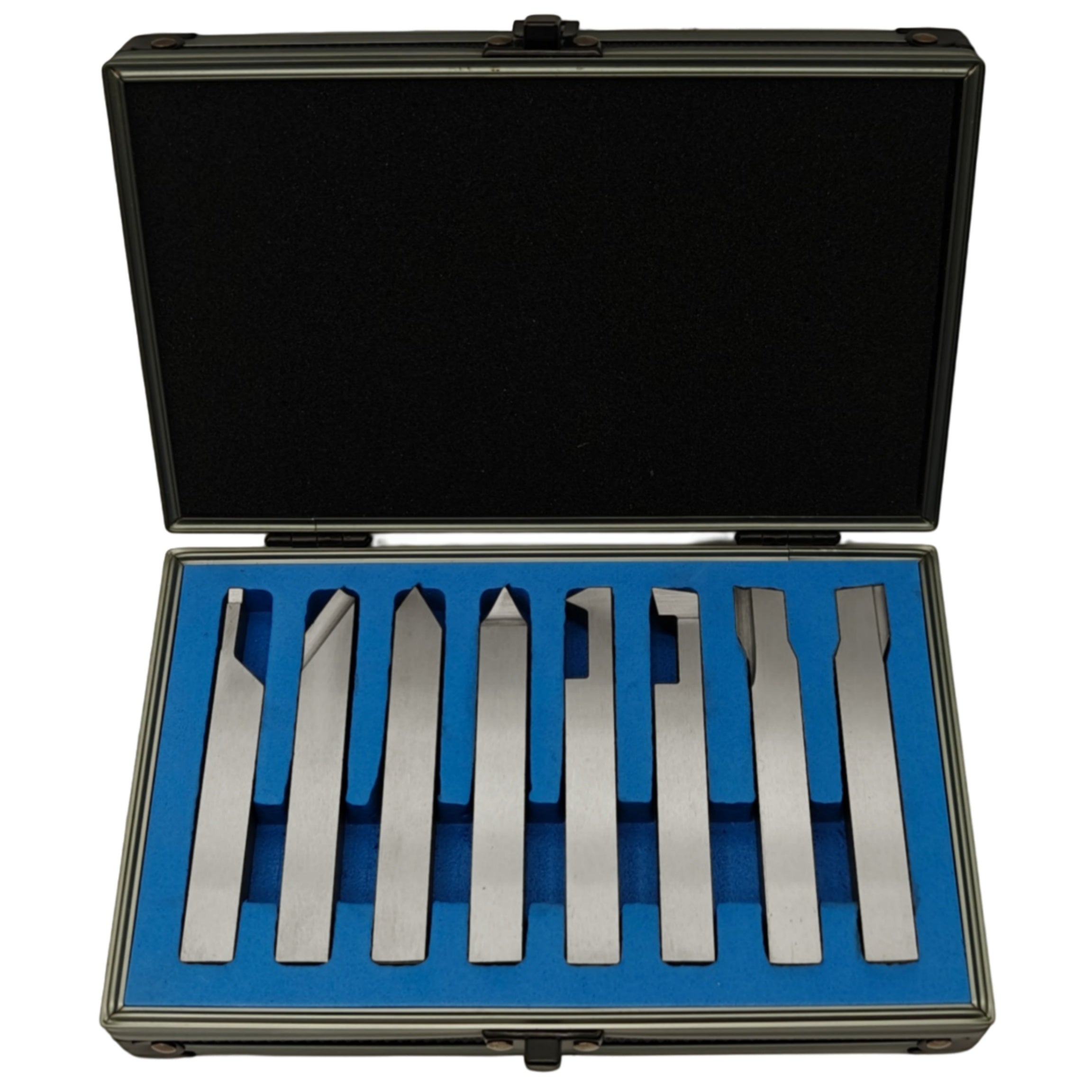 A set of six metallic cutting or profiling tools arranged in a foam-lined case with a black interior and blue insert, photographed against a plain white background.