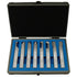 A set of six metallic cutting or profiling tools arranged in a foam-lined case with a black interior and blue insert, photographed against a plain white background.