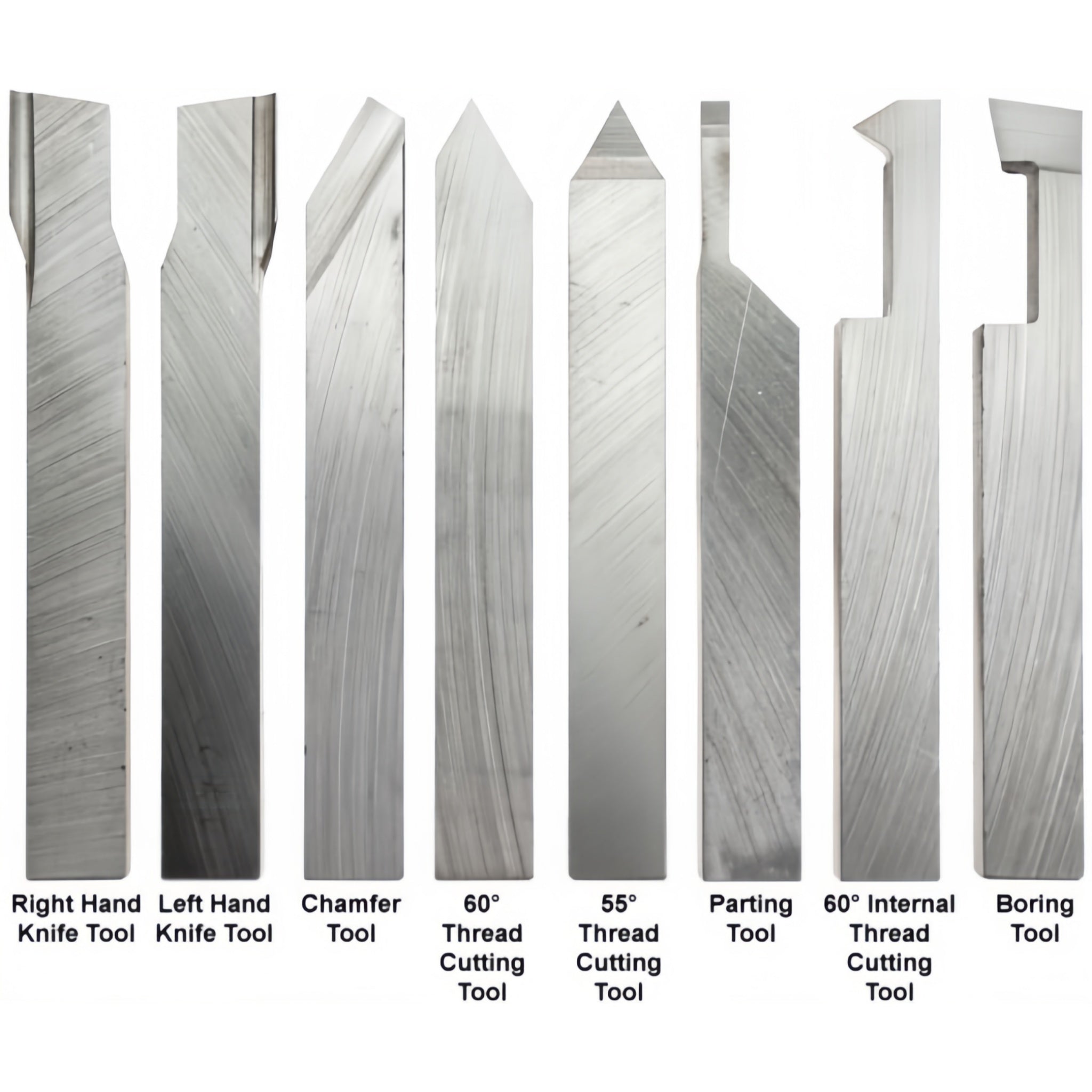 A set of metallic cutting and parting tools shown upright on a white background, labeled from left to right as Right Hand Knife Tool, Left Hand Knife Tool, Chamfer Tool, 60° Thread Cutting Tool, 55° Thread Cutting Tool, Parting Tool, 60° Internal Thread Cutting Tool, and Boring Tool.