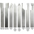 A set of metallic cutting and parting tools shown upright on a white background, labeled from left to right as Right Hand Knife Tool, Left Hand Knife Tool, Chamfer Tool, 60° Thread Cutting Tool, 55° Thread Cutting Tool, Parting Tool, 60° Internal Thread Cutting Tool, and Boring Tool.