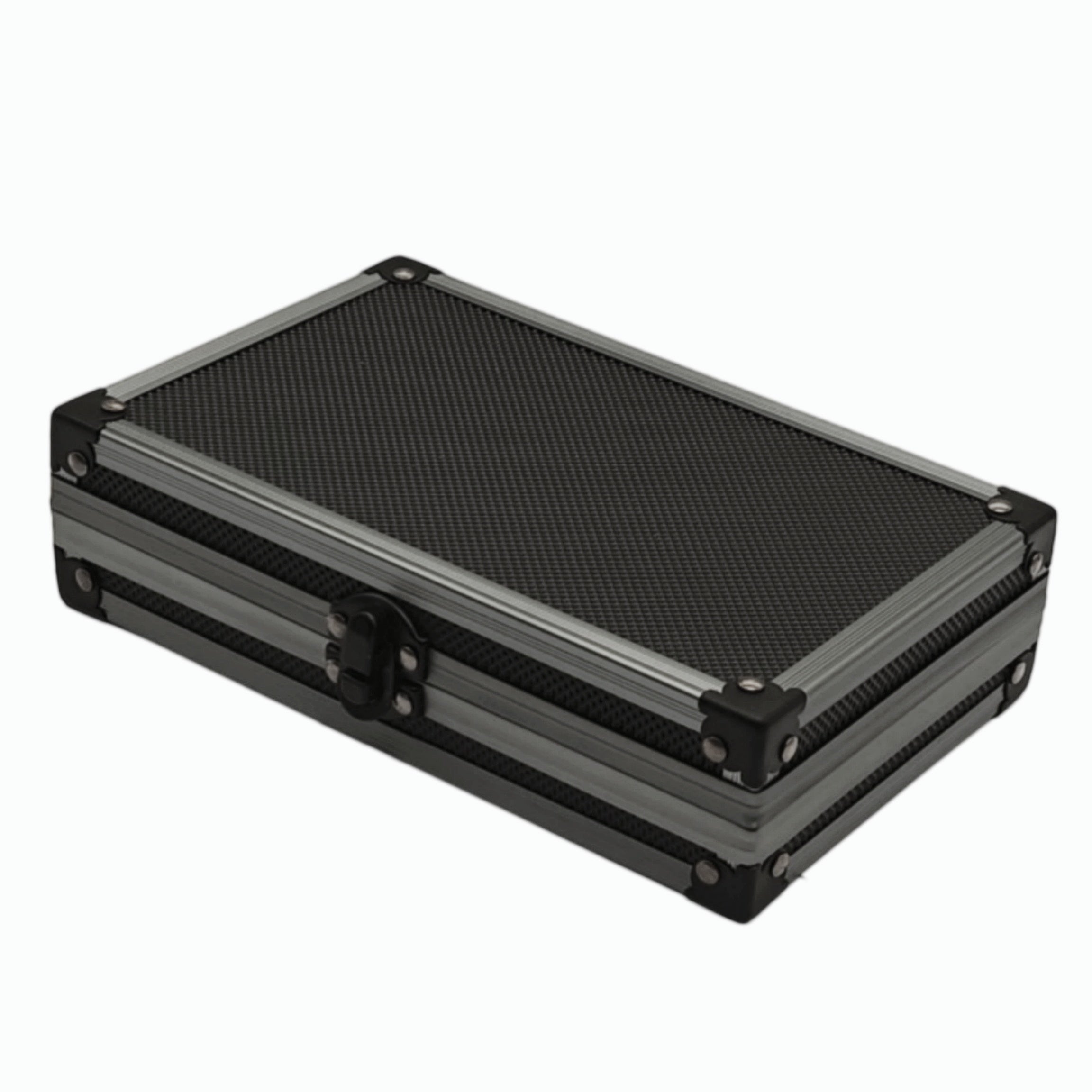 A rectangular hard case with a textured black top and dark gray metallic sides, shown at an angle on a plain white background.