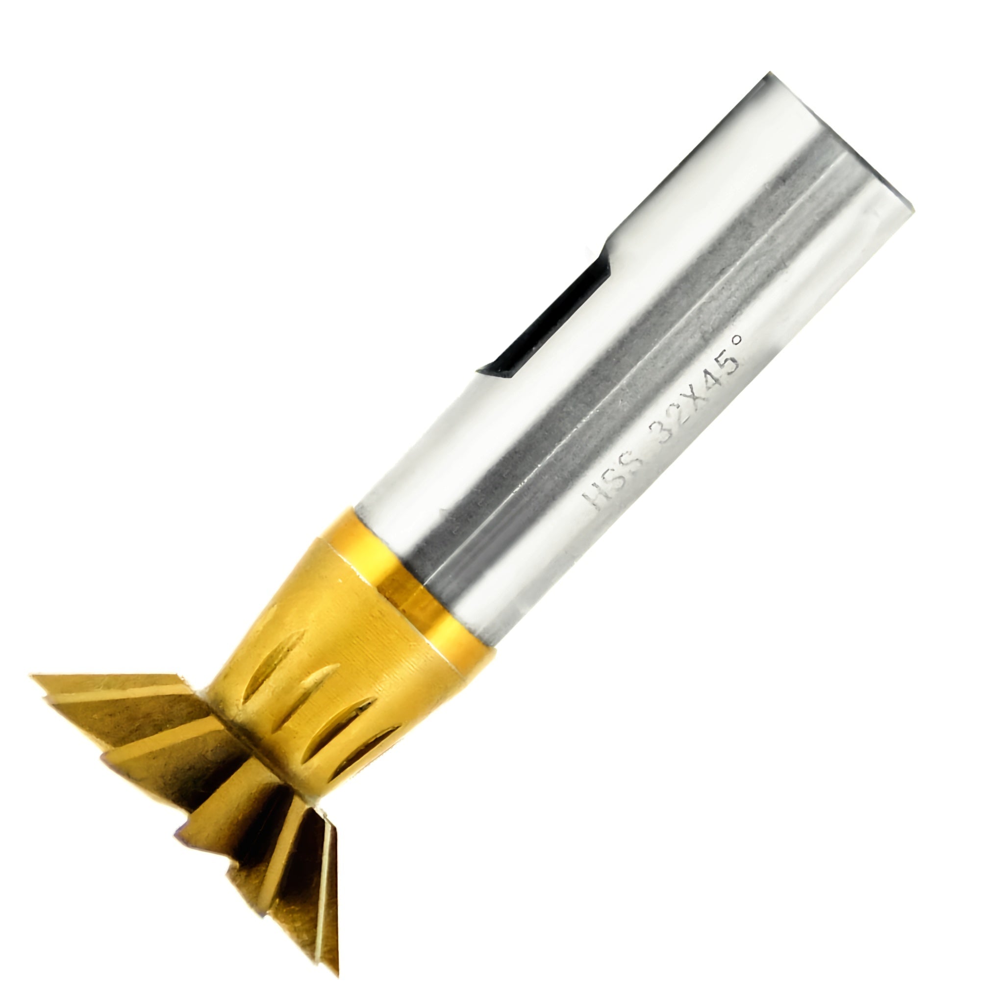 A single 45° TiN HSS dovetail milling cutter with a silver shank and gold-colored cutting edges.