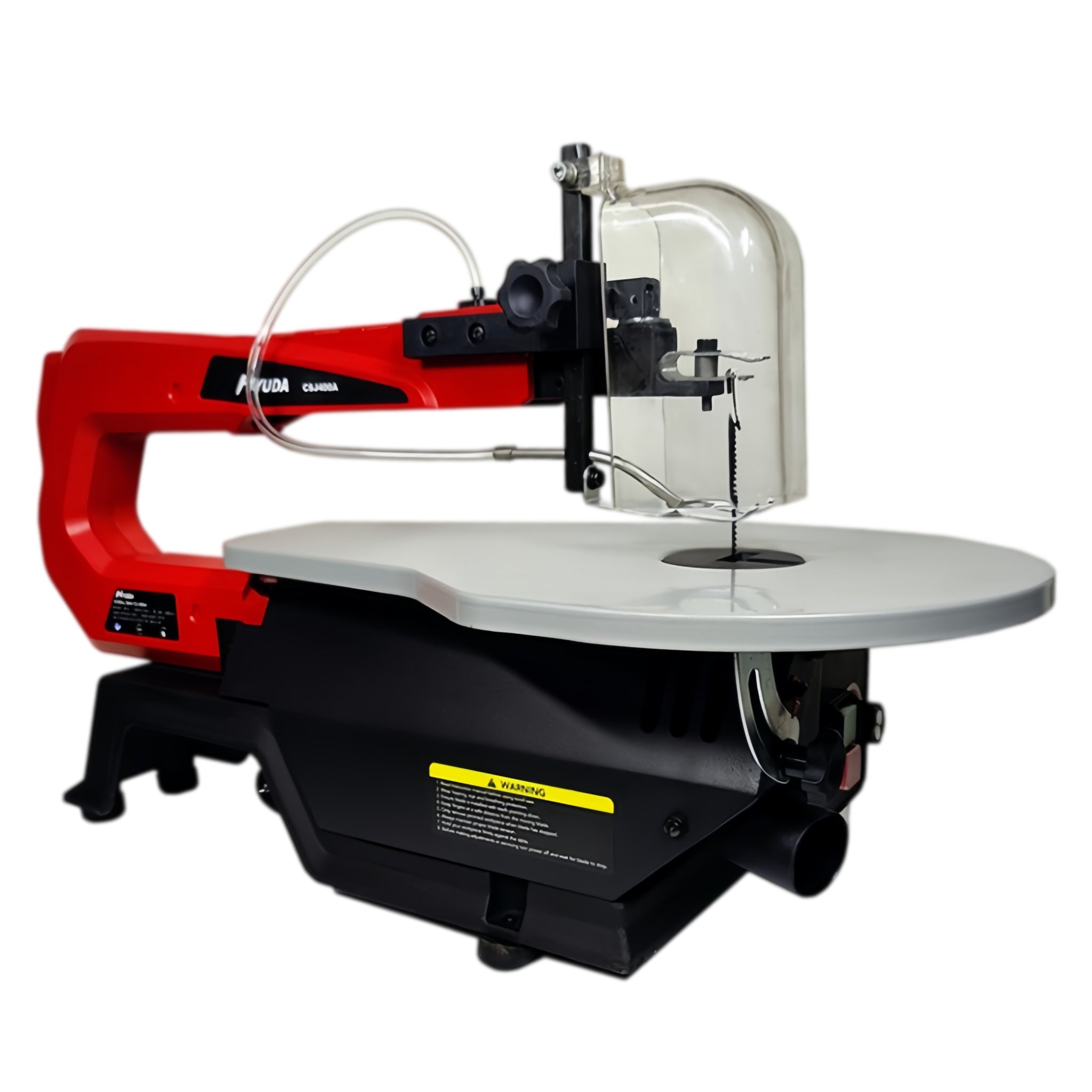 A red and black scroll saw with a rigid cast iron base, air blower, and dust port. It includes a variable speed control, quick adjust blade tension lever, and two blades.