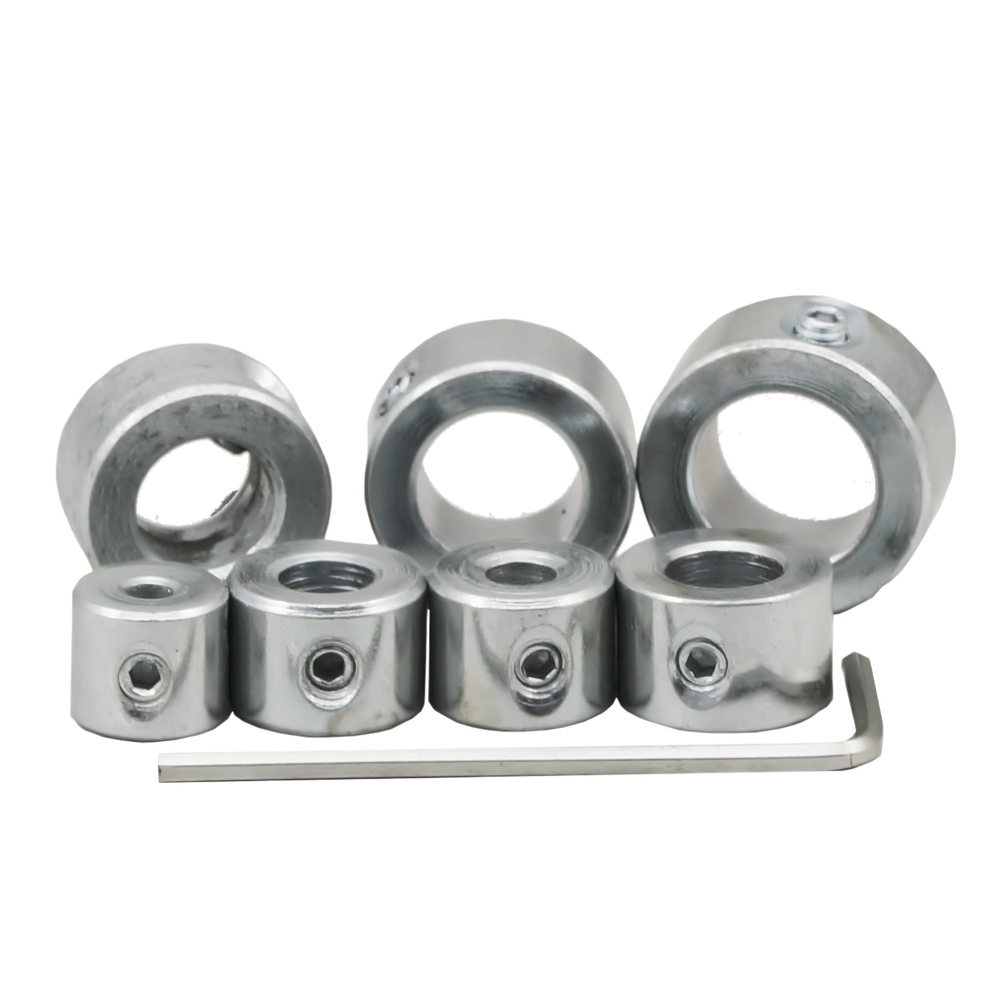 Five silver metal drill stop set with threaded holes, shown in three sizes with a small hex wrench on a plain white background.