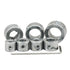 Five silver metal drill stop set with threaded holes, shown in three sizes with a small hex wrench on a plain white background.