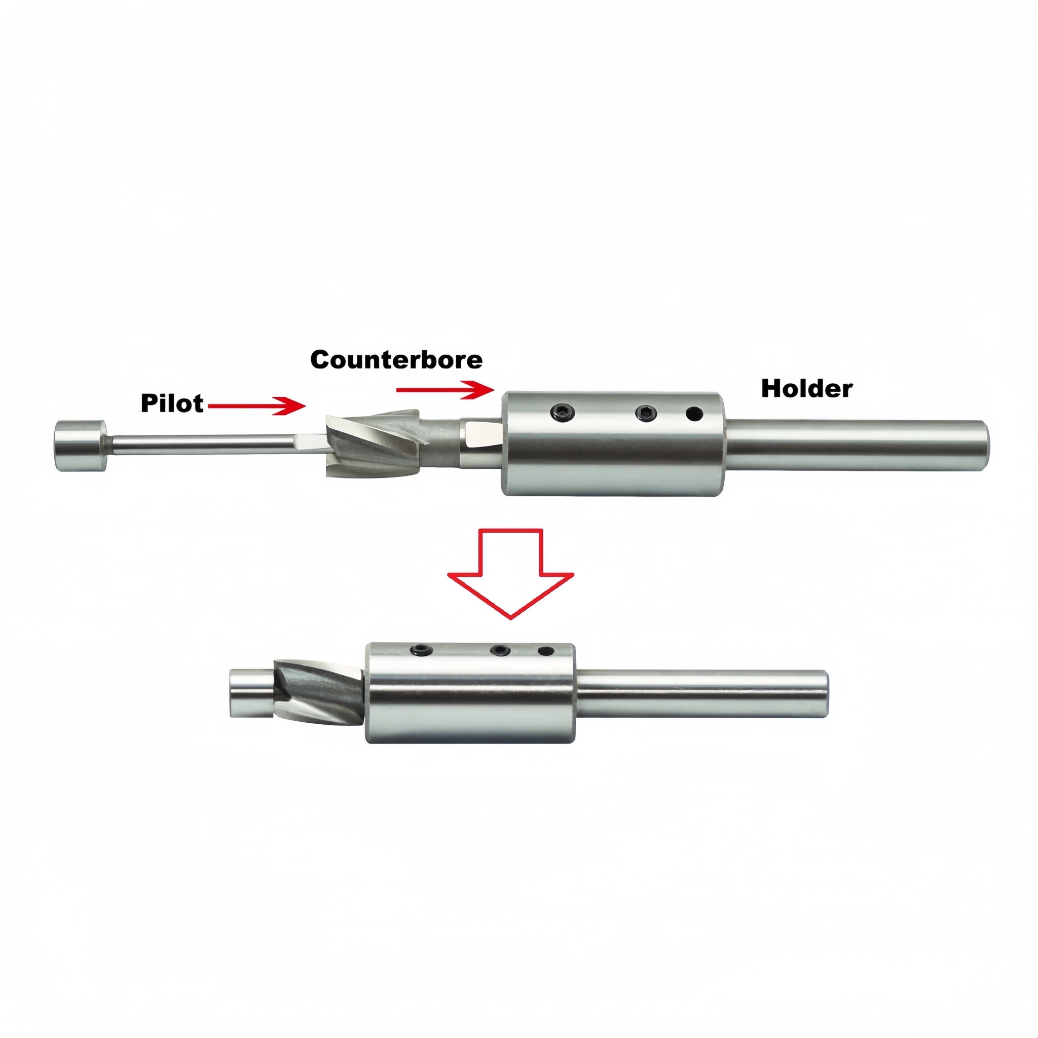 Diagram of a counterbore drill bit with labeled parts on a white background
