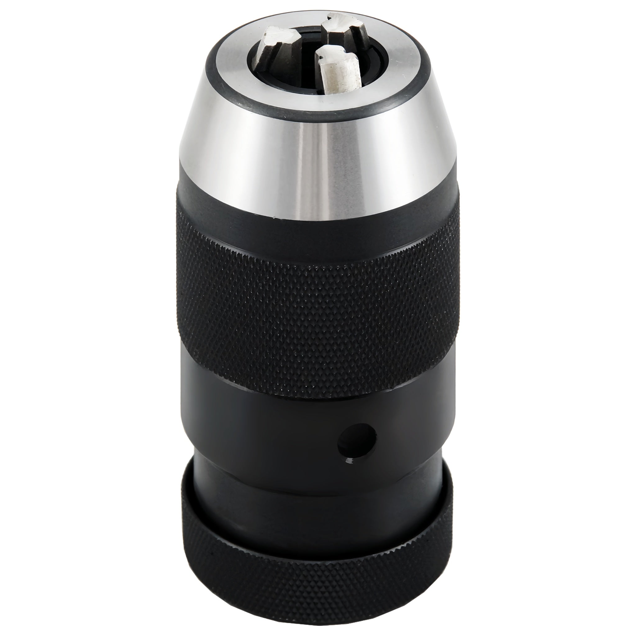 A heavy-duty metal chuck key holder or adapter tool, featuring a brushed silver top section, a black textured grip band, and a solid black base, shown on a plain white background.