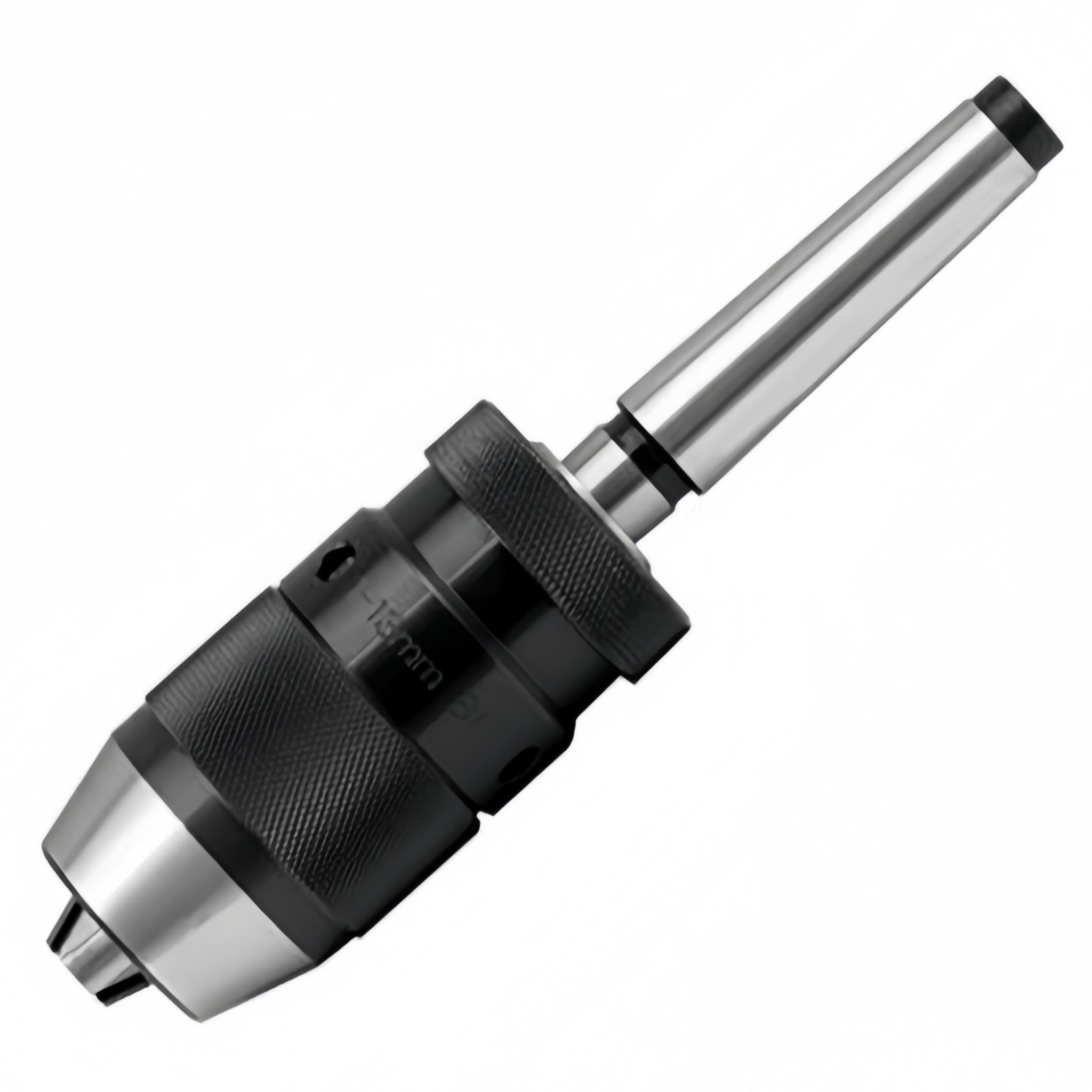 A drill chuck bit with a black and silver metal body, shown diagonally on a plain white background.