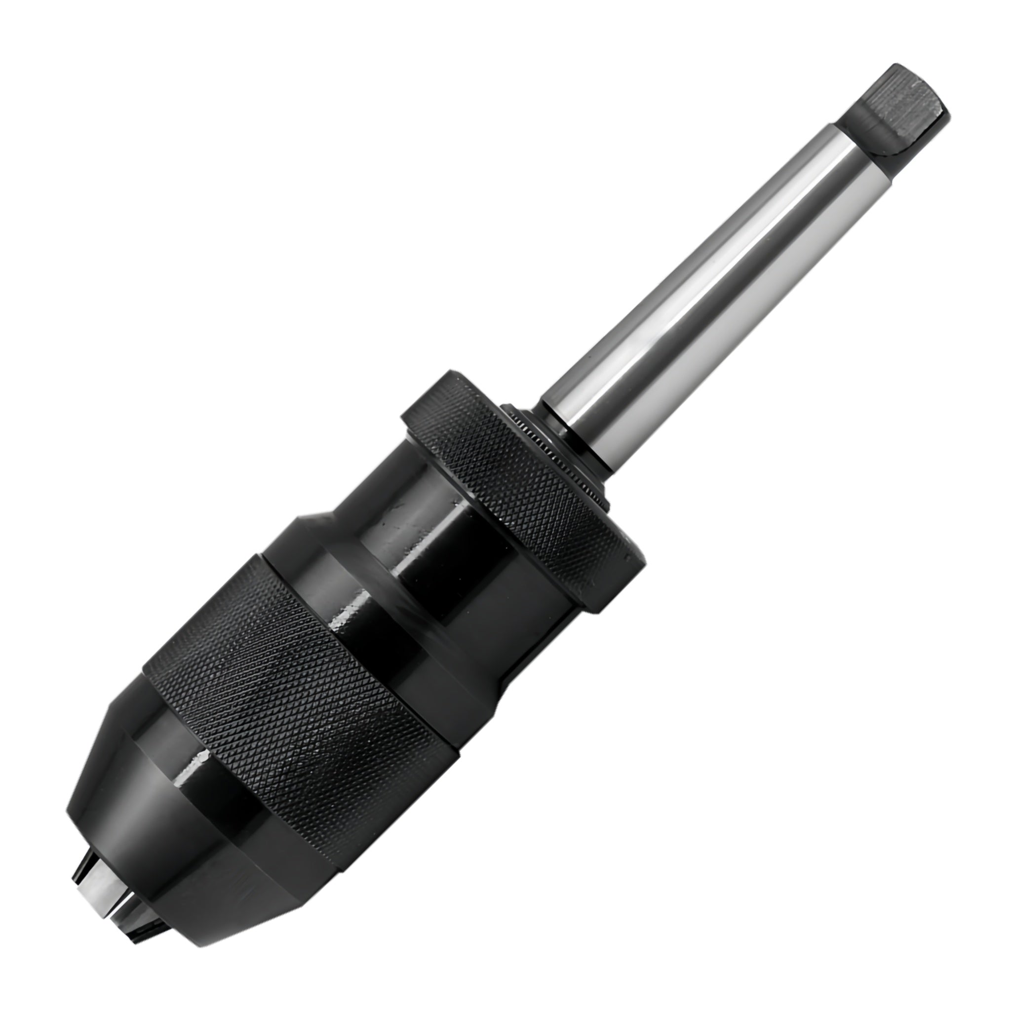 A black and silver metal rotary drill chuck adapter with textured grip rings and a hex key drive end, shown on a plain white background.