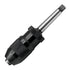 A black and silver metal rotary drill chuck adapter with textured grip rings and a hex key drive end, shown on a plain white background.