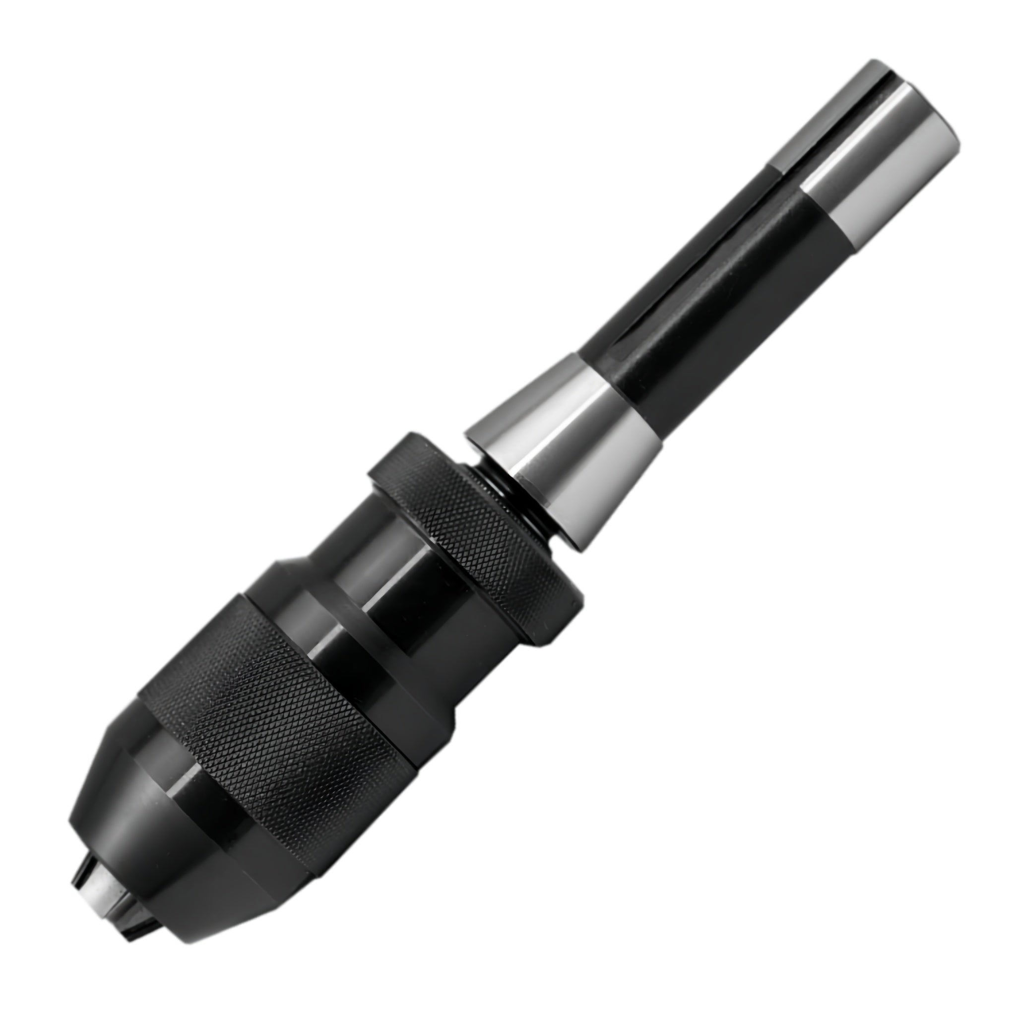 A black and silver metal rotary drill chuck adapter, shown at a diagonal angle on a solid white background.
