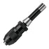 A black and silver metal rotary drill chuck adapter, shown at a diagonal angle on a solid white background.