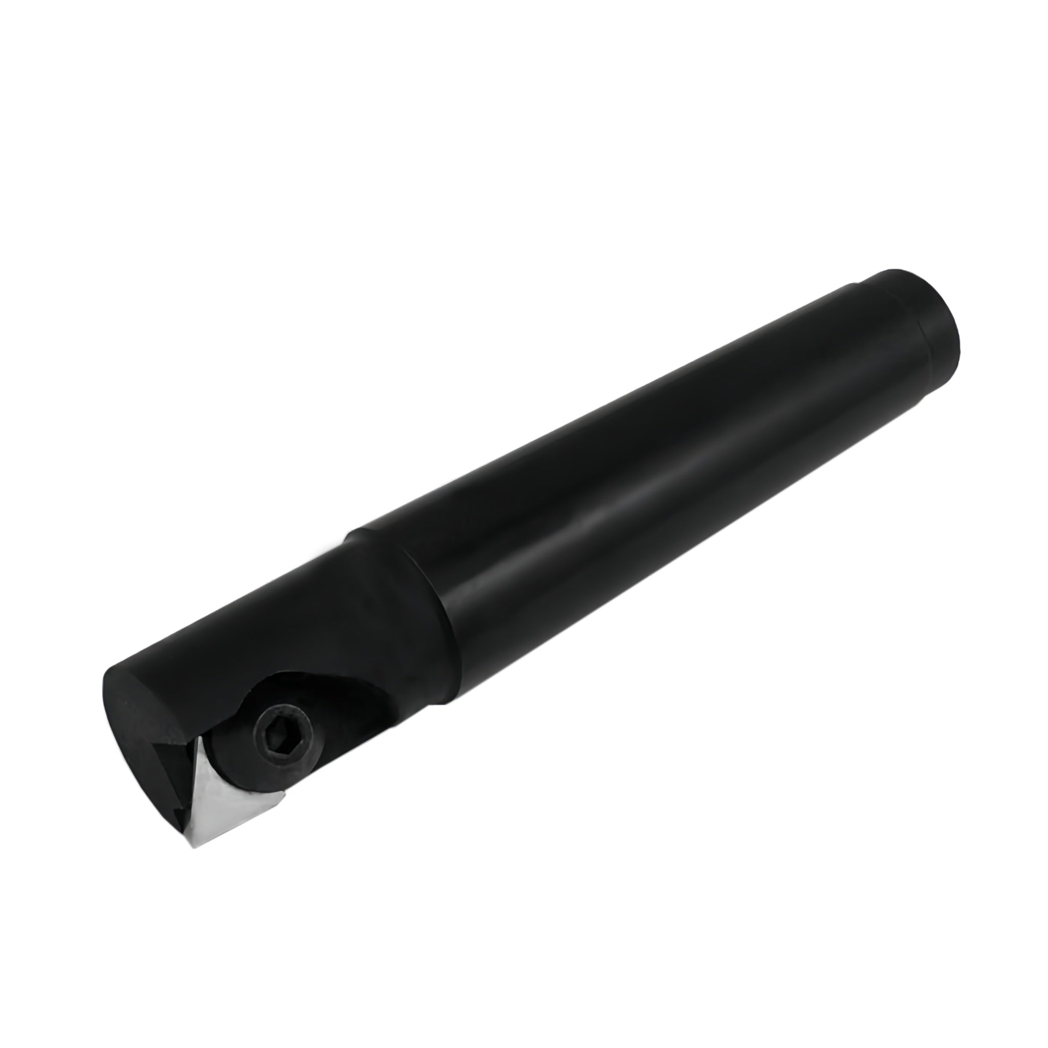 A black cylindrical metal tool holder or cutting insert with a triangular cutting edge, shown on a plain white background.