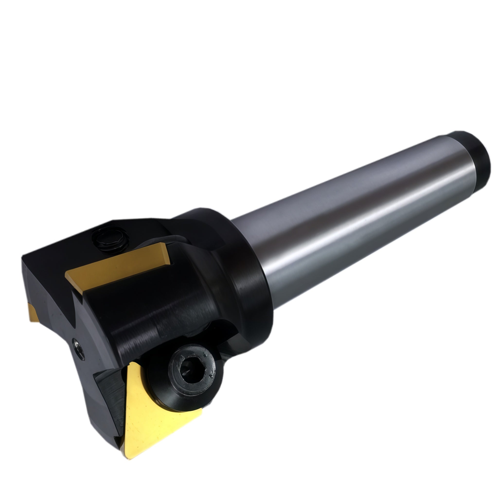 A metal rotary milling cutting tool with a black and silver body and yellow coated cutting edges, shown on a plain white background.