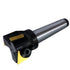 A metal rotary milling cutting tool with a black and silver body and yellow coated cutting edges, shown on a plain white background.