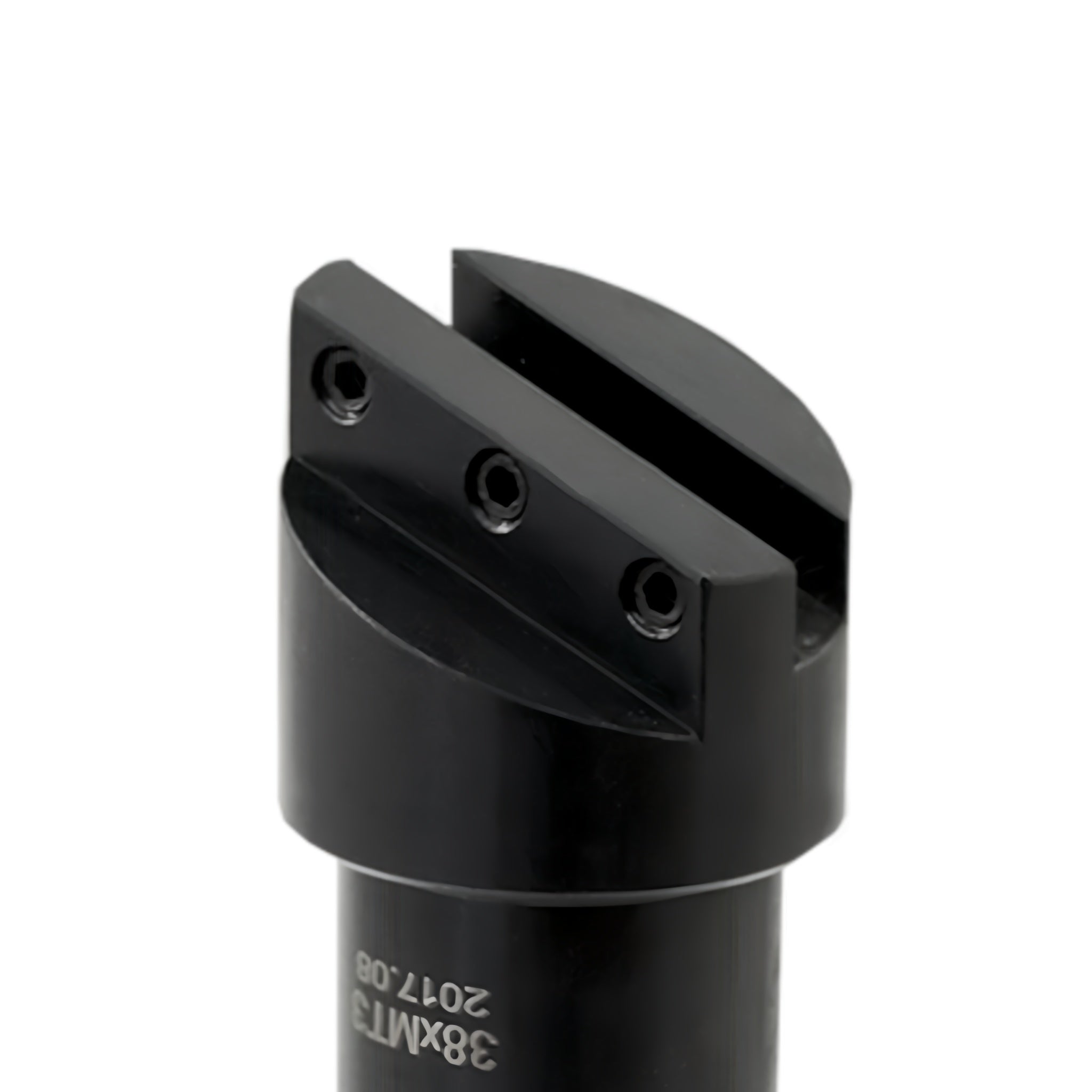 A close-up of a black cylindrical metal tool or drill bit component with a slotted top section and visible white printed markings reading '38MMT 2017.08' on a plain white background.