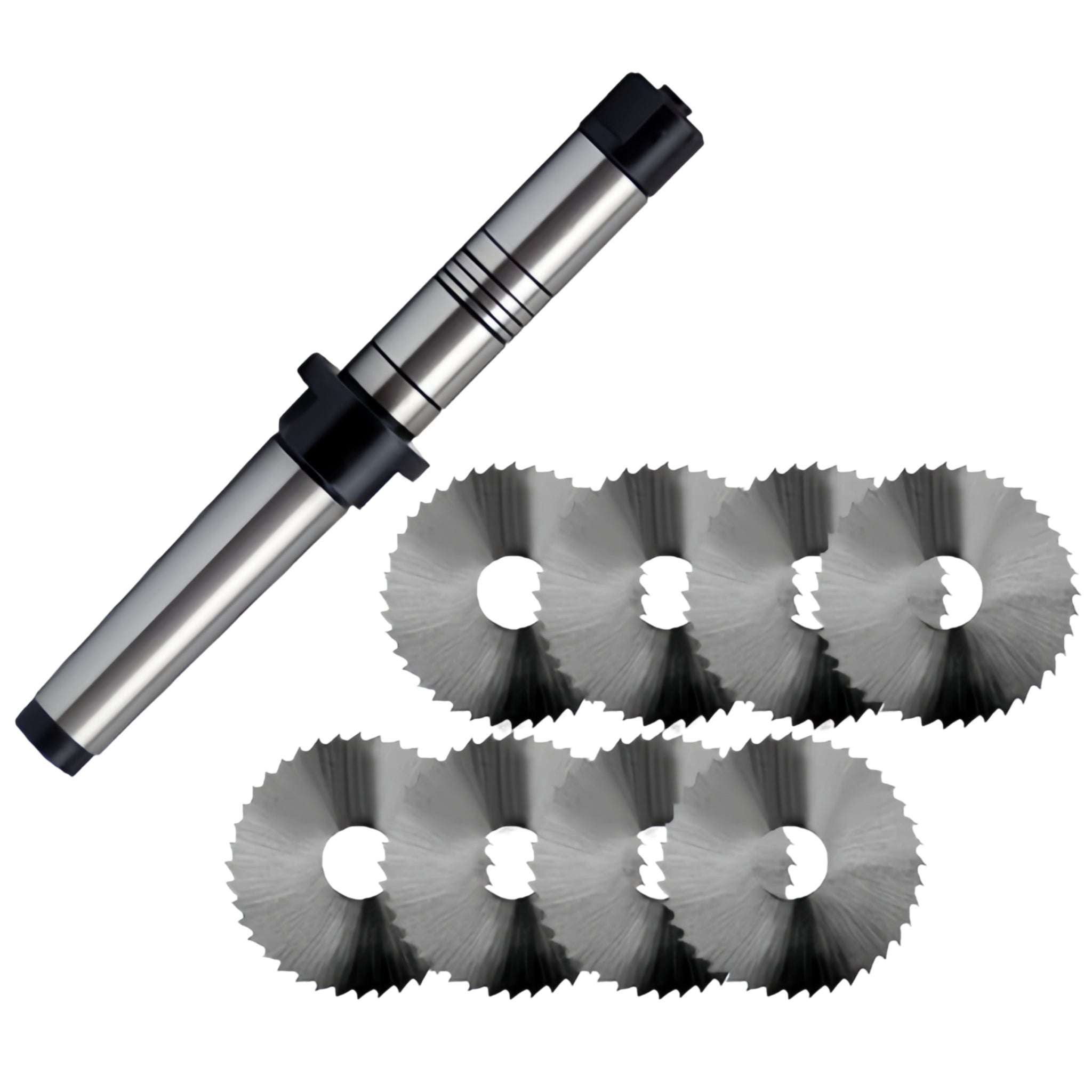 A set of slitting saws with a stub milling arbor. The saws are circular with teeth on the edge, and the arbor is long and cylindrical with black and silver colors.