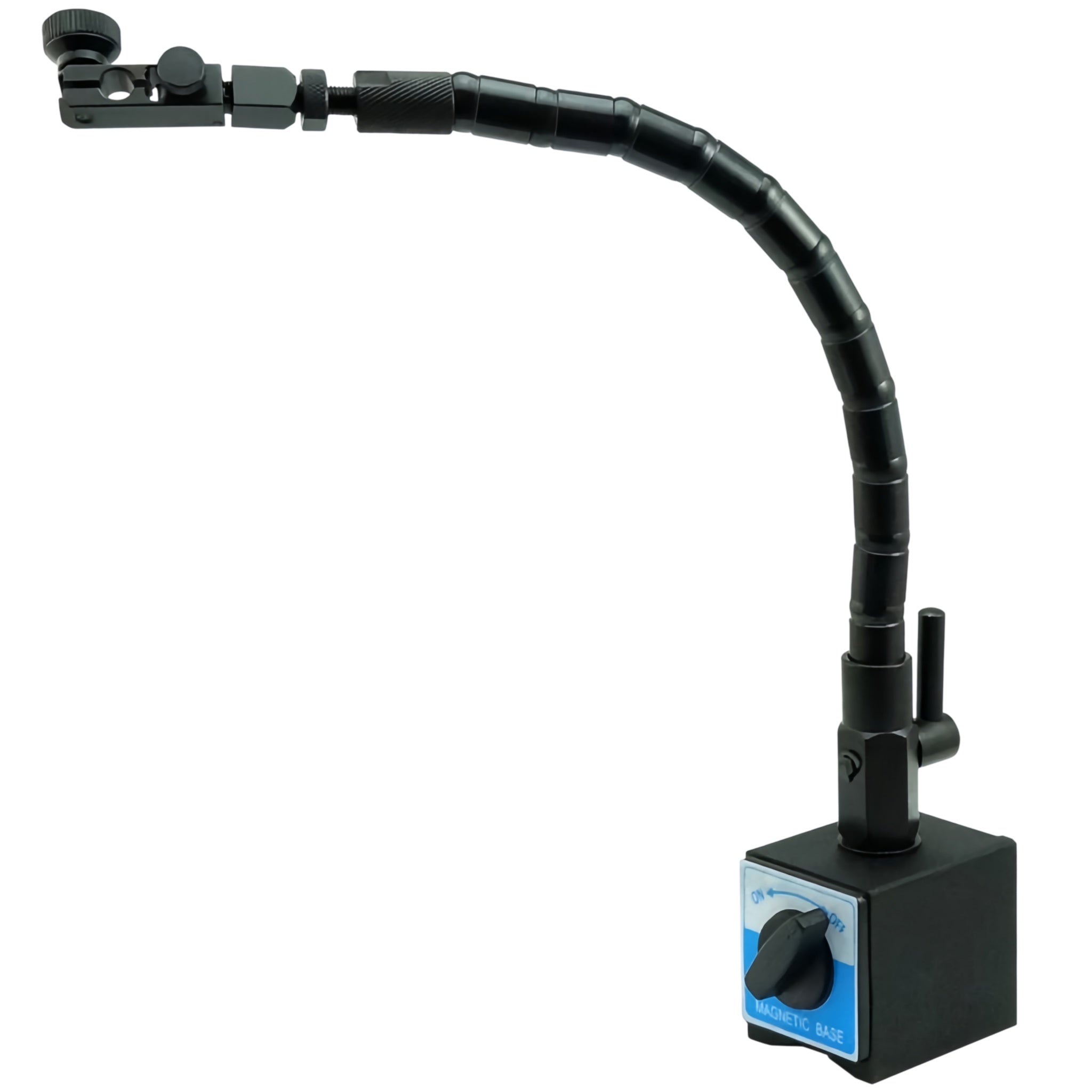 Black flexible gooseneck industrial magnetic stand with a square control base featuring a blue label and rotary switch, isolated on a white background.